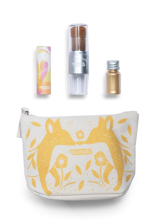 ESTUCHE ORO Pincel mágico + polvos dorados+ labial de vainilla