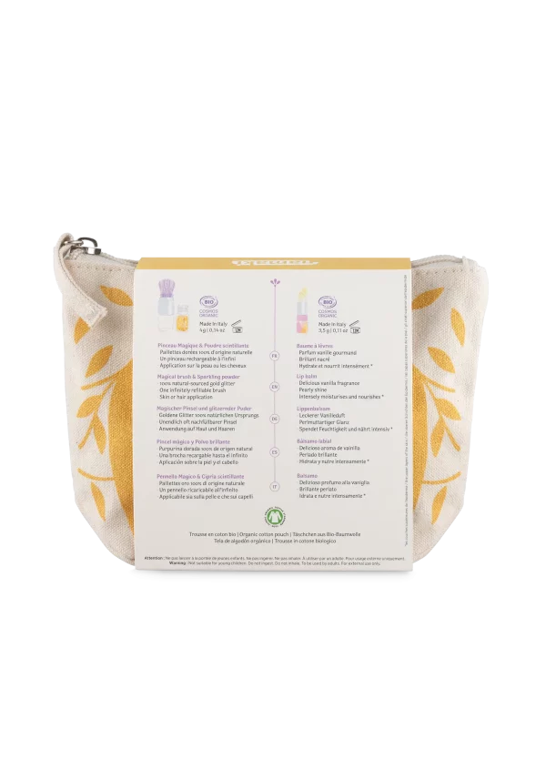ESTUCHE ORO Pincel mágico + polvos dorados+ labial de vainilla