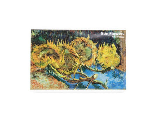 Postal con semillas de flores, Van Gogh, 4 girasoles descoloridos