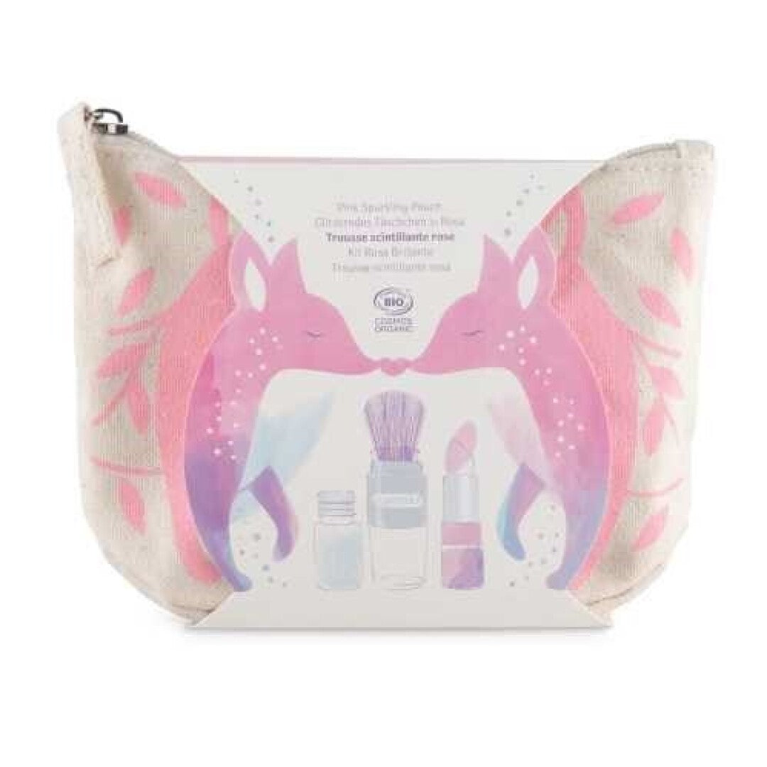 ESTUCHE ROSA Pincel mágico + polvos plateados + labial de frambuesa