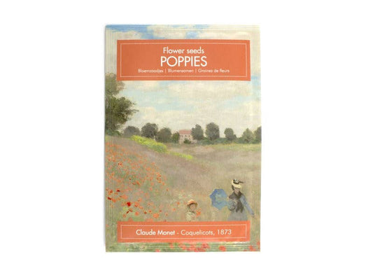 Postal con semillas de flores, Monet, campo con amapolas