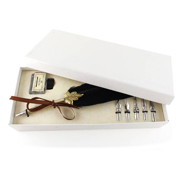 Juego de tintas Quilpen, pluma negra, caja blanca